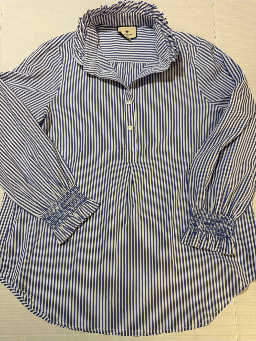 Tuckernuck Blue and White Striped Ruffle Collar Button Shirt Size L (227)